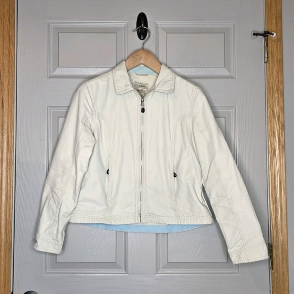 L.L. Bean Jackets & Blazers - LL Bean Ivory Cream Crop Moto Canvas Utility‎ Women Med Zip Workwear Chic Preppy